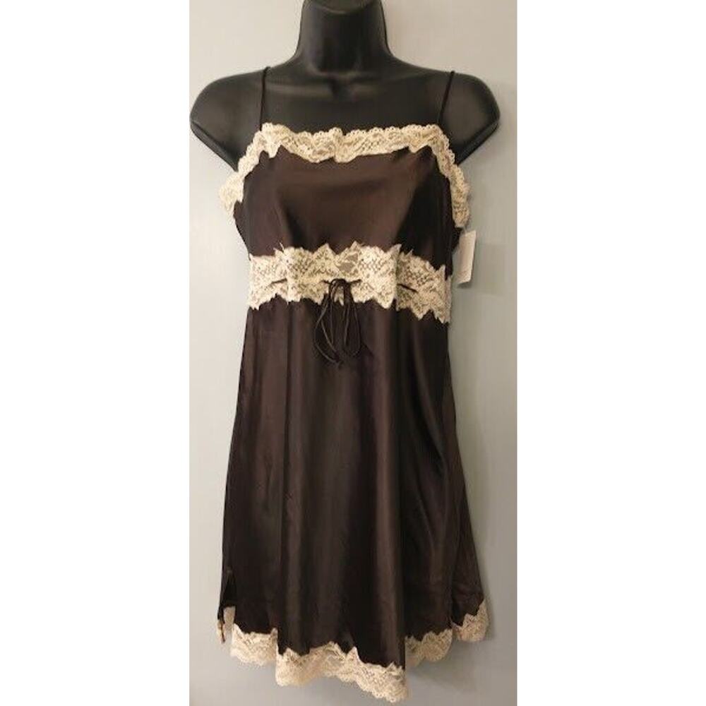 Lovely Cocoa Brown Satin Chemise Nightgown W Lace Trim Large NWT
